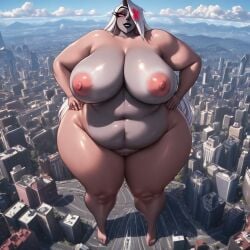 hazbin_hotel vaggie_(hazbin_hotel) giantess full_body nude grey_skinned_female white_hair pink_sclera yellow_iris x-shaped eyepatch pussy nipples pixai ai_generated city chubby