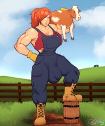 1futa barrel boots bovine bulge commission crop_top farm farmer farmgirl futa_only futanari gloves hand_on_hip huge_breasts jo_madison large_penis large_testicles muscular_futanari orange_hair original overalls parted_bangs ponytail sheela smile standing