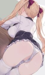 1girl ass ass_focus autoarousal backboob bent_over black_skirt blazer blonde_hair bow breasts classroom covered_face from_behind hair_ribbon highres indoors jacket large_breasts long_hair long_sleeves nijisanji nono_i831 panties pussy_juice red_bow ribbon school_uniform skirt solo sweat takamiya_rion takamiya_rion_(1st_costume) thigh_gap thighhighs thighs twintails underwear upskirt virtual_youtuber wet wet_clothes wet_panties white_thighhighs