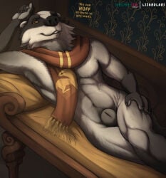2026 animal_genitalia anthro badger biped black_body black_fur brown_eyes digital_media_(artwork) english_text fully_sheathed fur furniture genitals grey_body grey_fur harry_potter_(series) hi_res lizardlars looking_at_viewer lying male mammal mostly_nude multicolored_body multicolored_fur mustelid musteline on_side on_sofa scarf scarf_only seductive sheath smile smiling_at_viewer sofa solo talking_to_viewer text white_body white_fur