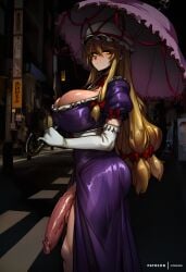althaean ai_generated absurdres absurd_res yakumo_yukari long_hair breasts looking_at_viewer blonde_hair gloves dress hat holding bow ribbon hair_between_eyes closed_mouth cleavage very_long_hair standing yellow_eyes ass short_sleeves sidelocks thighs hair_bow outdoors frills penis choker puffy_sleeves elbow_gloves white_gloves huge_breasts from_side red_bow red_ribbon covered_nipples puffy_short_sleeves looking_to_the_side feet_out_of_frame shiny_skin uncensored night white_headwear thick_thighs erection umbrella testicles frilled_dress mob_cap hat_ribbon purple_dress veins shiny_clothes impossible_clothes holding_umbrella long_dress veiny_penis large_penis road public_indecency parasol gap_(touhou) foreskin huge_penis street bursting_breasts road_sign impossible_dress crosswalk pink_umbrella half-erect 1futa dickgirl futa_only futanari solo touhou yukari_yakumo