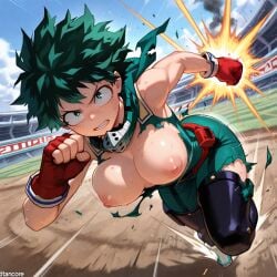 (titancore) after_transformation ai_generated angry anime anime_girl anime_show battle big_breasts breasts_out curvy_figure cute_girl deku female female_deku fighting fighting_stance gender_transformation girl green_eyes green_hair hero izuku_midoriya midoriya_izuku my_hero_academia perky_nipples power_up rule_63 torn_clothing transformation