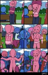 1girls ass audience being_recorded being_watched bra breasts comic crowd enfalt exhibitionism female female_focus mob_face multiple_boys nervous nervous_smile nude panties park park_bench pubic_hair public_nudity pussy stolen_clothes tagme taking_picture underwear undressing