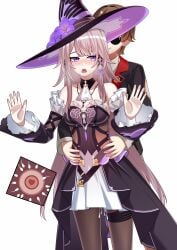 1boy 1girl absurdres after_sex against_glass bare_shoulders black_dress black_pantyhose black_shirt breasts brown_hair detached_sleeves dress english_commentary fertilization grey_hair hands_on_another's_hips hat heavy_breathing herta_(honkai:_star_rail) hetero highres honkai:_star_rail honkai_(series) implied_sex impregnation jewelry key key_necklace leiva long_hair medium_breasts necklace netorare open_mouth ovum pantyhose purple_eyes shirt short_hair skott_(honkai:_star_rail) smile sunglasses the_herta_(honkai:_star_rail) very_long_hair white_shirt witch_hat