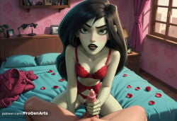 underwear red_bra bra 1boy panties penis hetero black_hair red_panties long_hair bed uncensored breasts pov panties_aside green_eyes indoors clothing_aside black_lips lingerie on_bed looking_at_viewer handjob petals pubic_hair bedroom rose colored_skin solo_focus rose_petals window pussy lamp flower artist_name underwear_only pale_skin medium_breasts makeup pillow floral_print cum collarbone black_nails curtains lipstick veiny_penis nail_polish cleavage watermark green_skin male_pubic_hair patreon_username blush clothed_female_nude_male erection female_pubic_hair bare_shoulders progenarts hi_res ai_generated kim_possible shego disney disney_channel 1girls female 1boy1girl