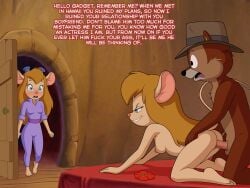 all_fours anthro areola balls bed blonde_hair blue_eyes breasts brown_body brown_fur buckteeth butt caught_in_the_act chip_'n_dale_rescue_rangers chip_(disney) chipmunk clothed clothing deception dialogue digital_media_(artwork) disney doggystyle english_text erection eyewear eyewear_on_head female from_behind_position fur furniture gadget_hackwrench genitals goggles goggles_on_head ground_squirrel group hair half-closed_eyes hat hat_only headgear headgear_only headwear headwear_only lahwhinie long_hair male male/female male_penetrating mammal mostly_nude mouse murid murine narrowed_eyes nipples nude on_bed open_mouth overalls penetration penile penile_penetration penis penis_in_vagina revenge rodent sciurid sex sfan smile standing surprised tail teeth text trio vaginal vaginal_penetration vulva
