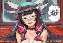 columbina_(genshin_impact) completely nude black_hair blush choker open_mouth 1girl eye_mask raining indoors wings teeth two-tone_hair text breasts patreon_username head_wings looking_at_viewer hair pink_hair solo multicolored_hair female english_text smile long_hair speech_bubble upper_teeth_only eyes_closed upper_body window patreon_logo blunt_bangs ai_generated amadeus_v comic genshin_impact futanari 1futa futa_on_female lumine_(genshin_impact) tagme