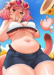radioneet goldenglow_(arknights) arknights female female_only light_skin light-skinned_female cat pet straw_hat hat_off sky sunflower_field outside outdoors pink_hair short_hair folded_ears droopy_ears tail waist standing bare_shoulders yellow_eyes kemonomimi animal_ears sunglasses_on_head hairclip infection_monitor_(arknights) big_breasts breasts cleavage stomach belly navel chubby thighs thick_thighs hips soft_belly covering_face hands_on_own_face peeking_through_fingers spread_fingers flustered embarrassed smile eyelashes excited looking_at_viewer sparks shorts jean_shorts bikini bikini_top frilled_bikini bra white_bra white_bikini_top topwear top underboob