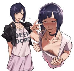 1girls 2026 blush boku_no_hero_academia breasts choker female female_only highres jacket jiro_kyoka kyoka_jiro lcohal light-skinned_female light_skin looking_at_viewer my_hero_academia necklace nipple_piercing nipples purple_hair short_hair showing_breasts small_breasts solo