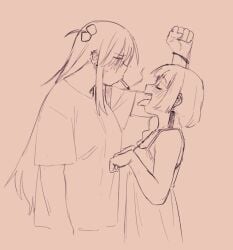 2girls asking_for_it bocchi_the_rock! cigarette cigarette_in_mouth gotou_hitori hiroi_kikuri kabedon millkefats open_mouth part_of_a_set yuri