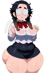 1girl ass ass_bigger_than_breasts ass_bigger_than_head ass_bigger_than_skirt ass_bigger_than_torso belly big_ass big_hips black_hair black_skirt blush braided_hair brown_hair buttoned_shirt cellulite chubby chubby_female collared_shirt female female_only forehead geek glasses hands_up long_hair medium_breasts miniskirt multicolored_hair mylooseylucy nerd nerdy nerdy_female oc red_bow red_bowtie short_skirt skirt steam steamy steamy_ass steamy_breath sweat sweatdrop sweating sweaty sweaty_ass sweaty_body sweaty_breasts sweaty_shirt thick_ass thick_eyebrows thick_thighs tight_skirt twin_braids two_braids white_shirt wide_hips