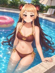 ai_generated bear_ears bear_girl blush large_breasts multicolored_hair pool rina_megakuma smile swimsuit virtual_youtuber
