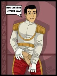 1boy balls_outline big_penis black_hair brown_eyes cinderella_(1950_film) disney disney_prince epaulets gloves half-erect human inviting_to_sex male male_only no_pubic_hair pants_pulled_down parted_lips penis penis_out presenting_penis prince_charming redbones retracted_foreskin shirt_lift solo tagme uncut