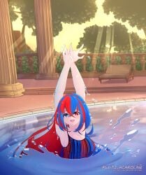 1girl :d absurd_res alear_(fire_emblem) alear_(fire_emblem)_(female) alluring alternate_costume arms_up bare_arms big_breasts blue_eyes blue_one-piece_bikini braid cleavage column commentary commission competition_swimsuit dancing english_commentary fire_emblem fire_emblem_engage heterochromia high_res intelligent_systems leitz_acaroline light_rays long_hair looking_at_viewer multicolored_hair multicolored_swimsuit nintendo one-piece_bikini open_mouth outside partially_submerged patio pillar pool recliner red_eyes red_one-piece_bikini reflection ripples sideboob smile splashing split-color_hair sunbeam sunlight sunset swimming swimming_pool swimsuit synchronized_swimming tree two-tone_hair very_long_hair water watermark wet