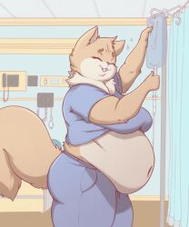 anthro bbw bebe_(doxxyl) big_belly big_breasts breasts chubby cleavage closed_eyes dog_ears dog_girl female fluffy fluffy_tail furry furry_dog furry_only garuda_six hospital hospital_room iv_drip large_belly large_boobs large_breasts neck_fur neck_tuft nurse nurse_uniform open_mouth overweight overweight_female pregnant pregnant_belly pregnant_female puppy_girl shirt_up smiling smiling_at_viewer tail tan_fur tan_tail thick_thighs tummy wide_hips