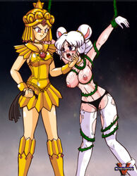 2girls armor bishoujo_senshi_sailor_moon breasts clothing crying female helpless large_breasts multiple_females multiple_girls pale-skinned_female pale_skin panties punishment restrained sailor_galaxia sailor_iron_mouse shadow_galactica short_hair tagme torn_clothes vcampan villainess vines violence white_hair wide_hips yuri