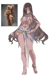 indian indian_female brown_skinned_female yakshi_figure_sculpture mythology history reference_inset fine_art_parody jewelry topless convenient_censoring big_breasts hourglass_figure curvaceous hair_over_one_eye tagme harem_outfit nature_spirit exotic