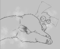 anus armwear bedroom_eyes big_ears big_tail blush bodily_fluids clothing drooling eyewear female female_only fluffy_body genital_fluids genitals glasses hi_res lying masturbation messy_fur musk musk_cloud narrowed_eyes on_side pawpads paws rain_world resachii round_glasses saliva scholar_(xenope) seductive slugcat solo tail tongue tongue_out videocult vulva wide_hips