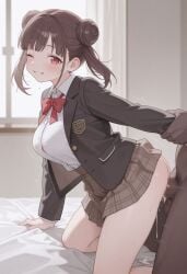 sonoda_chiyoko 1girl breasts looking_at_viewer blush smile shirt large_breasts skirt brown_hair long_sleeves 1boy red_eyes bow twintails jacket school_uniform white_shirt hetero thighs sweat nude pleated_skirt censored open_clothes one_eye_closed penis collared_shirt solo_focus indoors bowtie dark_skin sex miniskirt cum hair_bun open_jacket mosaic_censoring red_bow plaid pubic_hair window double_bun kneeling on_bed plaid_skirt dark-skinned_male blazer motion_lines sex_from_behind red_bowtie short_twintails clothed_sex clothed_female_nude_male brown_skirt interracial ai_generated dmk_meow idolmaster