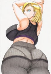 1girls 2d accurate_art_style accurate_body_type ai_generated android_18 blonde_hair cel_shading cleavage clothing collarbone curvaceous dragon_ball dragon_ball_z duo duo_focus exposed_breasts eyelashes female female_focus female_only from_below full_color high_resolution highres light-skinned_female light_skin lineart lipstick looking_at_viewer looking_down looking_down_at_viewer low-angle_view mature_female mikayori official_style shiny shiny_hair shiny_skin short_eyebrows short_hair simple_background smooth_skin soft_shading sport_bra upper_body viewed_from_behind white_background workout_clothes yoga_pants