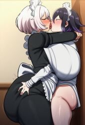 1boy 1girls 1boy1girl 1girl guilty_gear_strive guilty_gear danganronpa danganronpa_v3 ouma_kokichi elphelt_valentine maid maid_headdress maid_uniform maid_outfit maid_apron 1femboy femboy_on_female femboy crossover crack_pairing crack_ship huge_breasts gigantic_breasts big_breasts large_breasts huge_ass big_ass breasts fat_ass wide_hips child_bearing_hips thick_thighs voluptuous ai_generated novelai slop_gavv skirt purple_hair purple_eyes white_hair blue_eyes green_eyes teal_eyes pale_skin pale-skinned_male french_kiss french_kissing kissing passionate_kiss arms_behind_head grabbing_another's_ass groping making_out