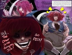 comic devais huge_breasts hugging human imminent_sex komachi_onozuka light-skinned_female muscular_female muscular_male nipple_bulge no_escape perky_nipples red_hair scythe self_upload sitting_on_lap staring taller_female text threatening touhou yokai