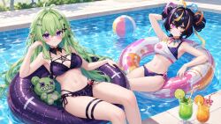 ai_generated black_hair green_hair heterochromia long_hair mikigeeky neneisonline pointy_ears pool purple_eyes short_hair smile swimsuit virtual_youtuber