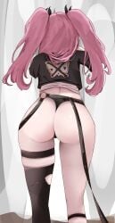 1girl absurdres ass ass_focus black_jacket black_ribbon black_thighhighs commentary english_commentary from_behind hair_ornament hair_ribbon highleg highleg_panties highres huge_ass jacket long_hair long_sleeves nicole_demara panties pink_hair ribbon simple_background single_thighhigh solo standing thigh_strap thighhighs thighs thong thong_panties torn_clothes torn_thighhighs twintails underwear wedgie youp_(youp_art) zenless_zone_zero
