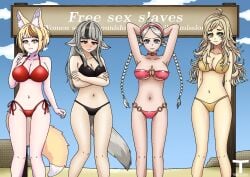 animal_ears bikini bikini_bottom bikini_top black_bikini fire_emblem fire_emblem_fates golden_bikini multiple_girls nina_(fire_emblem) ophelia_(fire_emblem) pink_bikini red_bikini selkie_(fire_emblem) slave tony_x_play tonyxplay velouria_(fire_emblem)