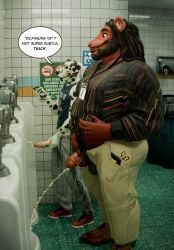 anthro balls bathroom bodily_fluids body_hair bottomwear canid canine canis circumcised clothing dalmatian dialogue domestic_dog dreadlocks dryer duo electronics english_text erection eyewear facial_hair floor genital_fluids genitals glasses hairy_balls hand_dryer herpestid hi_res holding_object holding_penis holding_phone id_card inside khaki_pants littleoliviern male mammal mongoose oliviern_(character) pants peeing peeing_in_urinal penis phone pubes public_restroom ring shirt sign size_difference slightly_chubby smile speech_bubble standing sweater sweatpants tank_top teacher text tile tile_floor tile_wall topwear urinal urine wall_(structure) whiskers