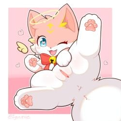 1:1 2026 anus artist_name blue_eyes border bow_tie butt cel_shading cheek_tuft chest_tuft clitoral_hood clitoris digital_drawing_(artwork) digital_media_(artwork) domestic_cat facial_markings facial_tuft fangs feet felid feline felis female female_feral feral forehead_markings fur fur_tuft genitals halo head_markings head_tuft heart_in_pupils hi_res hindpaw looking_at_viewer mammal markings multicolored_body multicolored_fur one_eye_closed open_mouth open_smile pawpads paws pink_background pink_body pink_fur pinup pose presenting presenting_hindquarters presenting_vulva quadruped rear_view shaded simple_background smile solo teeth text tuft two_tone_body two_tone_fur urethra vulva white_body white_border white_fur wink zyuuniie