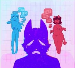 2026 2_horns 5_fingers angel anthro big_breasts blue_body blue_hair blue_nipples bodily_fluids breasts cheek_tuft demon english_text exclamation_point eyelashes facial_tuft female fingers fur genitals geometric_background grid_background group hair hi_res horn icon male navel nipples nude nude_female open_mouth pattern_background pubes purple_body purple_fur reaction_image red_body red_hair red_nipples shiftyeen simple_background small_breasts speech_bubble standing sweat tail teeth text trio tuft vulva wide_hips wings