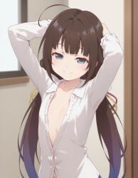ai_generated flat_chest focus_on_chest hinatsuru_ai long_hair sexy_body unbuttoned_shirt