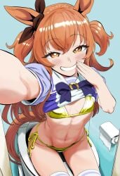1girls arm_up bathroom bikini blush female female_only golden_week hair_ribbon hand_up horse_ears horse_girl horse_tail kunitoro_(artist) legwear long_hair mayano_top_gun_(umamusume) orange_eyes orange_hair partially_clothed presenting ribbon school_uniform schoolgirl selfie shirt shirt_up solo solo_female stockings tail thighhighs two_side_up umamusume white_legwear yellow_bikini