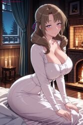 kiraamane ai_generated patreon seductive sexy uncensored watermark hi_res high_quality high_resolution oosuki_mamako breasts 1girl purple_eyes cleavage brown_hair night smile looking_at_viewer blush mature dress long_hair large_breasts bangs white_dress window lantern solo parted_bangs candle indoors hair_ribbon lamp closed_mouth sky long_sleeves eyebrows_visible_through_hair sitting ribbon night_sky curtains