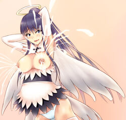 1girls angel blue_eyes breast_milk breasts eyebrows_visible_through_hair female halo kaori_kanzaki lactation long_hair nipples nose open_mouth panties pantsu solo tagme tail to_aru_majutsu_no_index white_panties wings