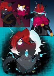 badbitchdicey latex imp transformation shark shark_tail succubus comic femboy commission possession hypnosis from_behind male male_focus hooves horns horns_and_hooves shortstack shiny_skin sharp_teeth rubber rubber_suit penis half_naked precum spikes demon demon_tail magic disolving_clothes thick_thighs red_body big_butt