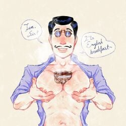 tea_cup tea black_hair english_text english suggestive suggestive_pose holding_up_breasts shirt shirt_unbuttoned smiling smiling_at_viewer innocent innocent_expression innocent_smile offering offering_to_viewer offering_drink offering_food drink beverage beverage_between_breasts male_breasts pec_focus pecs pectorals pec_squeeze pec_squish male_boobs pale_skinned_male pale_skin nipples joke_art showing_off male male_only neat_hair styled_hair mustache moustache facial_hair handlebar_mustache pince-nez glasses psychiatrist stupid teacup cup cupping_breasts pectoral_cleavage pectoral_focus holding_object_between_breasts 1boy digital_media_(artwork) digital_drawing_(artwork) mr_shrink the_shrink original original_character solo solo_male blue_dress_shirt blue_shirt blushing blush temperature_play temperature