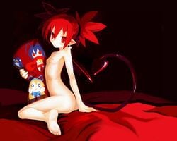 aicara arched_back ass body_pillow demon_girl demon_tail demon_wings disgaea earrings etna feet flat_chest flonne holding_object kneeling laharl looking_at_viewer navel nipples nude nude_female pinup_pose pointy_ears posing prinny red_eyes red_hair sheets side_view