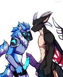 absurd_res alpha_channel anthro belly big_penis black_body black_fur blue_body blue_fur blue_penis comparing dragon duo fur furred_dragon furred_scalie genitals hi_res horn jiekyu_ryuushinzou machine male mythological_creature mythological_scalie mythology penis protogen purpl_eyes purple_penis scalie simple_background size_difference tan_belly throbbing throbbing_penis transparent_background urakiram wings