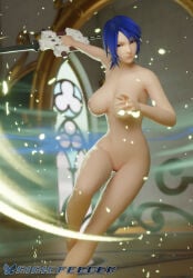 aqua_(kingdom_hearts) blue_hair breasts closed_eyes concentration focus indoors keyblade kingdom_hearts kingdom_hearts_birth_by_sleep kingdom_hearts_iii magic magic_user mimicfeeder nude nude_female training training_room
