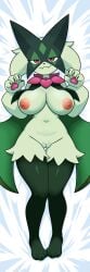 1:3 2026 3_toes 4_fingers absurd_res anthro areola artist_name bedding bedding_background bedroom_sex big_breasts breasts claws cute_fangs dakimakura dakimakura_design digital_media_(artwork) eyelashes fangs feet female female_anthro finger_claws fingers flower_(anatomy) front_view fur generation_9_pokemon genitals green_body green_fur half-closed_eyes hi_res innie_vulva leg_tuft looking_at_viewer lying meowscarada mynokis5 narrowed_eyes navel nintendo nipples nude nude_anthro nude_female on_back pawpads pink_areola pink_eyes pink_nipples pink_nose pink_pawpads pokemon pokemon_(species) pupils signature slit_pupils smile smiling_at_viewer solo teeth text thigh_gap thigh_tuft toe_claws toes tuft vulva white_bedding