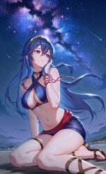 1girls adapted_costume adjusting_clothes alluring alternate_breast_size_(larger) alternate_costume beach belt bikini black_belt blue_bikini blue_eyes blue_hair blue_shorts brand_of_the_exalt buckle chibi choker cleavage cleavage_cutout clothing_cutout commentary commission criss-cross_halter english_commentary fire_emblem fire_emblem_warriors hair_between_eyes halterneck high_res intelligent_systems lightria long_hair lucina lucina_(fire_emblem) medium_breasts meteor_shower milky_way mismatched_pupils navel nebula night nintendo outside parted_lips sandals shooting_star short_shorts shorts sky star_(sky) starry_sky swimsuit teardrop_necklace thick_thighs thigh_strap thighs tiara