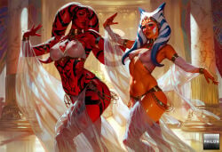 2girls multiple_girls breasts orange_skin red_skin colored_skin alien see-through tattoo blue_eyes navel dancing tentacle_hair covered_nipples jewelry nipples medium_breasts looking_at_viewer armlet bracelet lips facial_tattoo alternate_costume ai_generated stable_diffusion philon ahsoka_tano star_wars darth_talon