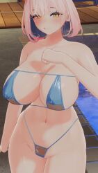 1girls 3d belly bikini blue_bikini blush cornelia_vr dancing day hand_over_breast huge_breasts no_sound pink_hair pool provocative shorter_than_one_minute smiling solo tagme thighs video vrchat white_skin wide_hips yellow_eyes