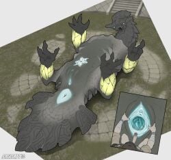 absurd_res anus big_anus blue_anus blue_internal casloafy claws clitoris duo female feral genitals grey_body hi_res human jewish_mythology kneeling kuromori_(shadow_of_the_colossus) lying male mammal mythological_creature mythological_golem mythology on_back open_mouth paws plump_labia pubic_tattoo raised_paw ribs scales shadow_of_the_colossus signature size_difference smaller_male solo spread_vulva spreading stairs tattoo vulva yellow_legs