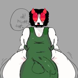:d action_lines balls barista big_bulge big_penis black_hair bottom_heavy bottom_heavy_femboy bulge bulge_through_clothing demon demon_horns english_text evil_margan femboy gray_background green_clothing halodouble hard_cock hard_penis looking_down oc penis_out penis_through_clothing red_eyes red_horns short_hair smile smiley_face tagme text text_bubble thick thick_hips thick_thighs white_skin white_skinned_male