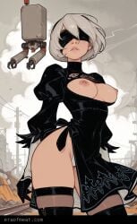 1girls ai_generated black_blindfold black_dress black_hairband blindfold breasts dress eraofmeat female female_focus female_only hairband leotard light-skinned_female light_skin meat_master nier:_automata nipples pod_(nier) puffy_sleeves solo solo_female solo_focus thighhighs white_hair white_leotard yorha_2b