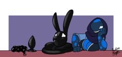 2017 after_transformation amphibian anal_beads animate_inanimate anthro astrid_(rubbermage) big_breasts biped blue_body breast_rest breasts buttplug cameroo_(character) cleavage clothed clothing duo female forced forced_transformation grin hi_res kangaroo latex latex_clothing latex_skinsuit living_clothing living_latex living_sex_toy macropod male mammal markings marsupial non-mammal_breasts plug_(sex_toy) purple_eyes rubbermage salamander scared sex_toy signature skinsuit smile spots spotted_body tight_clothing transformation