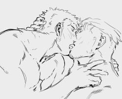 scolki one_piece smoker_(one_piece) kiss kissing male/male male_kissing_male gay_kissing gay_kiss tongue_kiss masculine older_male mature mature_male dilf daddy monochrome homoerotic roronoa_zoro bara barazoku 2boys male male_only male_focus manly masculine_male gay yaoi muscular_male hunk beefy tough_guy bigger_male larger_male